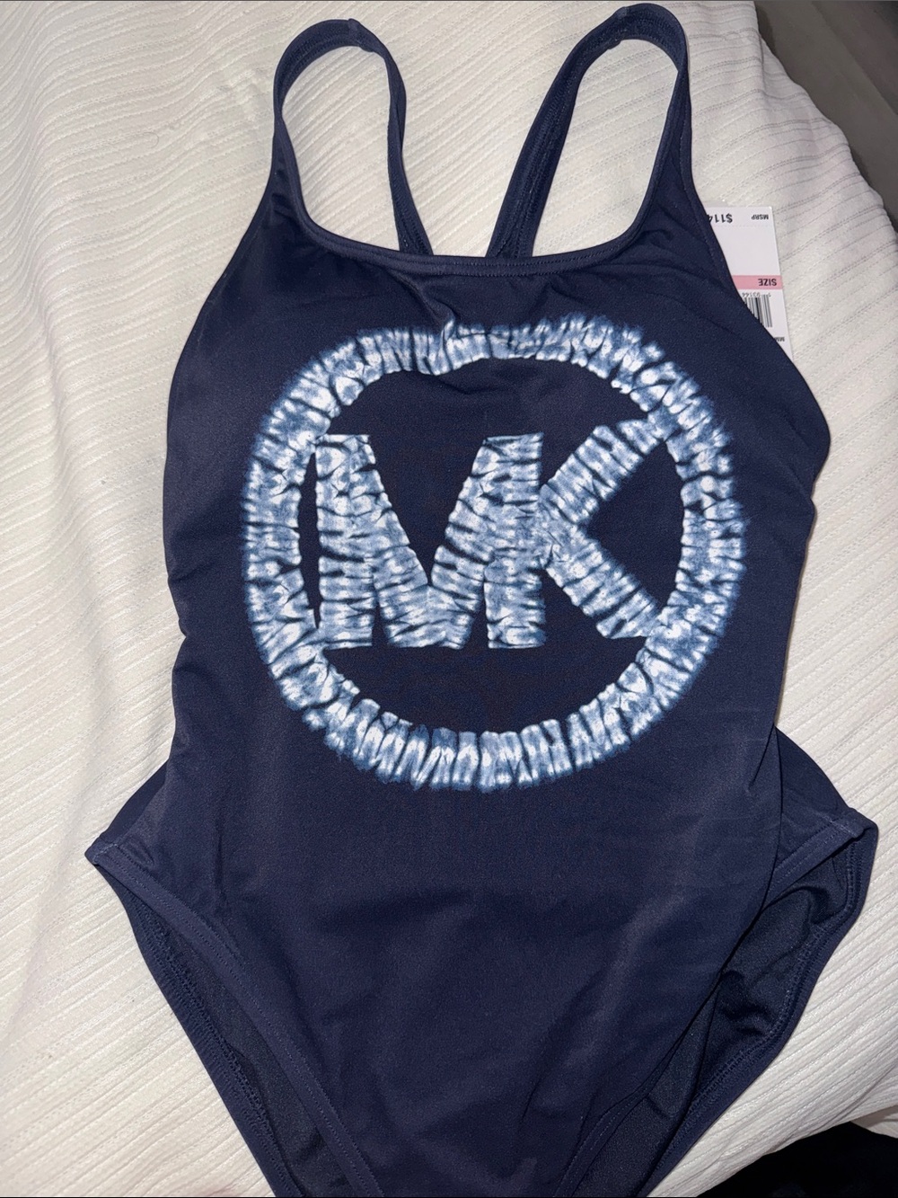 Michael Kors Navy One-Piece Swimsuit with White Tie-Dye MK Logo
